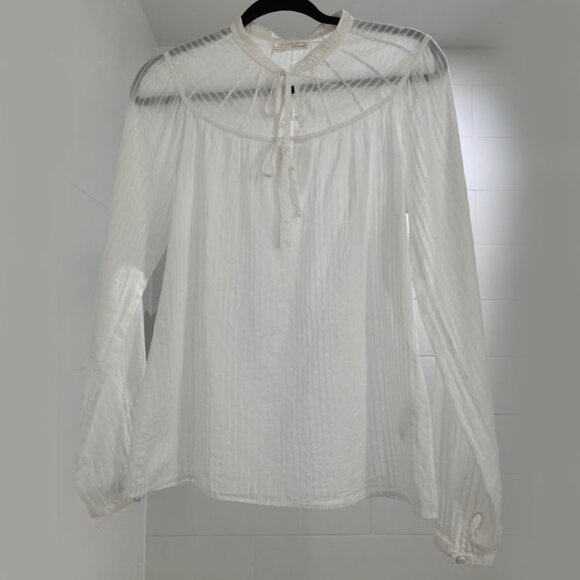 White Sheer Cotton Striped Texture Long Sleeve Blouse Premium Perfect Fit - Picture 8 of 14